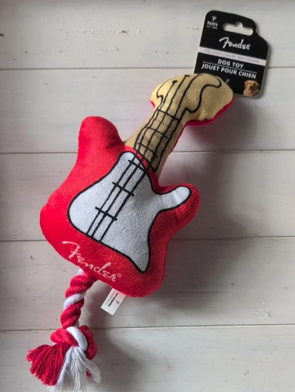 Perri's Fender Red and Cream Plush Guitar Dog Toy with Red & White Rope